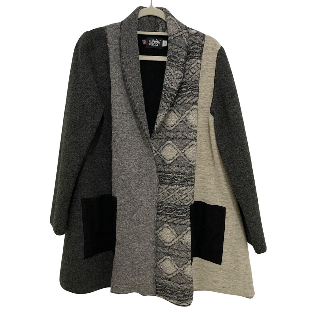 Cameleon Patchwork Cardigan Womens M Grey Wool Blend Open Front Coat Made USA